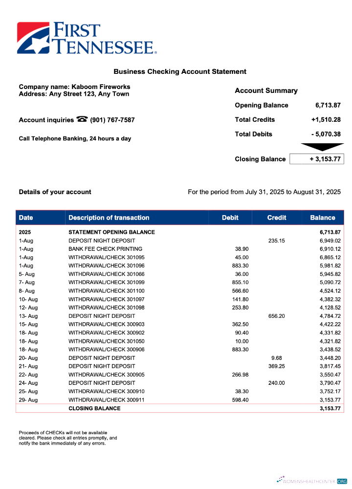 Download US First Tennessee business checking account statement Word and PDF template Photoshop template